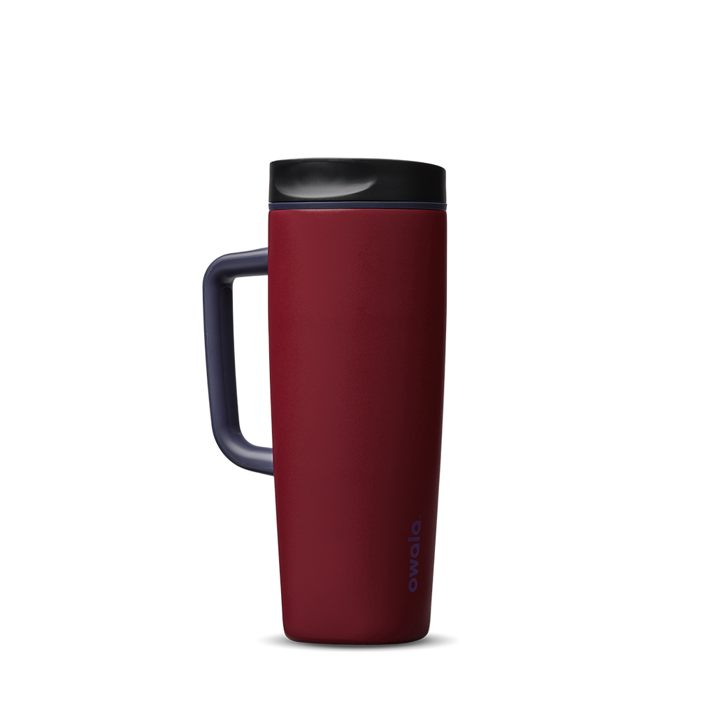Owala SmoothSip Slider with Handle 24oz in Burgundy Bay, deep crimson insulated stainless steel body with black lid, purple slider button, and dark navy handle on right side