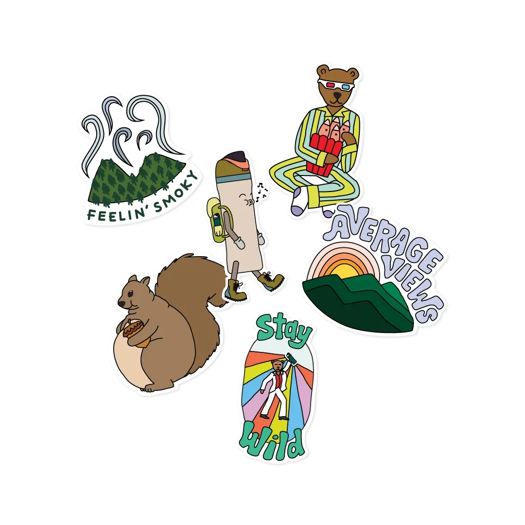 Great American Road Trip Great Smoky Mountains sticker pack featuring six illustrated stickers: a Feelin' Smoky mountain badge, a hiking water bottle character, a bear in 3D glasses, a squirrel with acorn, an Average Views rainbow scene, and a Stay Wild disco figure
