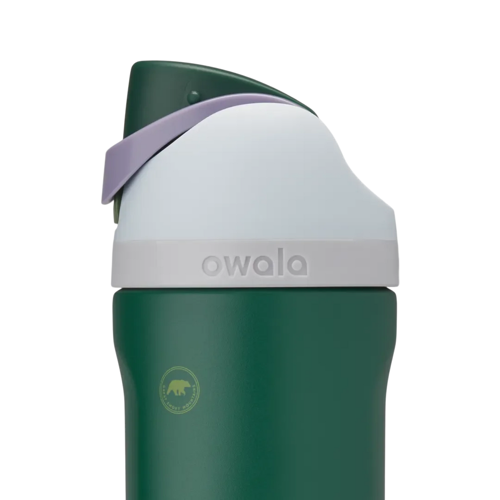 Owala Kids FreeSip 16oz in Great Smoky Mountains, dark forest green insulated stainless steel bottle with white lid, dark green flip cap, lavender carry loop, and small bear graphic on the body
