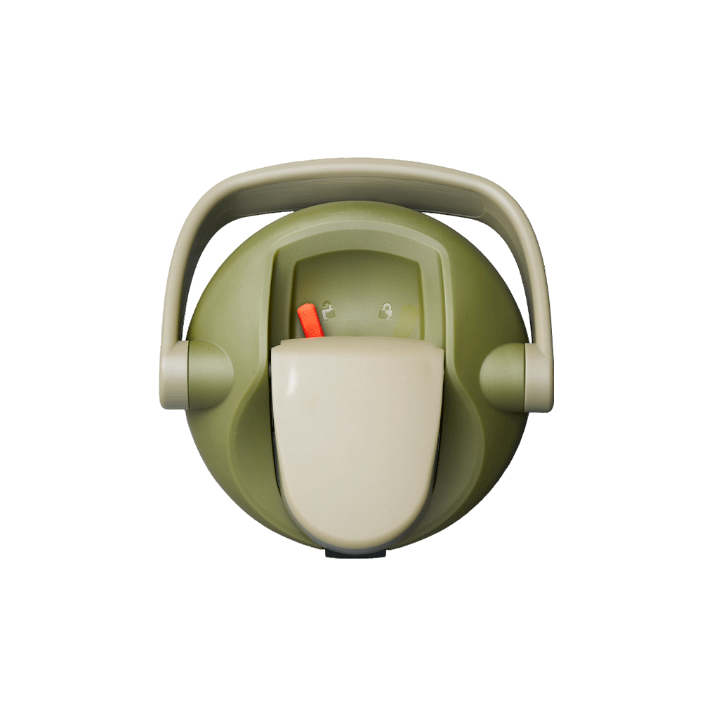 Top-down rotating view of Owala FreeSip Sway lid with olive green body, olive carry loop, cream flip cap, and orange push-button